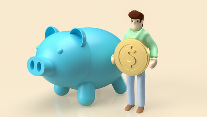 The man hold gold coin and piggy bank for saving or money concept 3d rendering