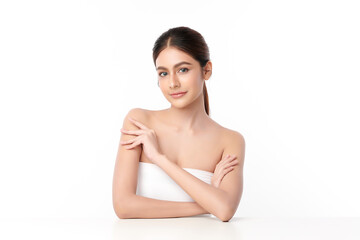 Obraz premium Beautiful young asian woman with clean fresh skin on white background, Face care, Facial treatment, Cosmetology, beauty and spa, Asian women portrait.