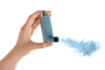 Female hand with inhaler on white background