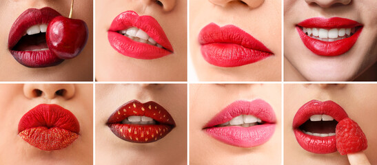 Collage with beautiful red and pink female lips, closeup