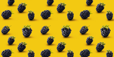 Many ripe blackberries on yellow background. Pattern for design