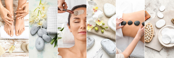 Collage with women in beauty salon and spa supplies