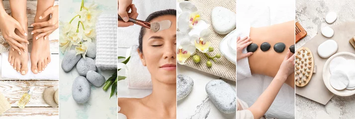 Rolgordijnen Collage with women in beauty salon and spa supplies © Pixel-Shot