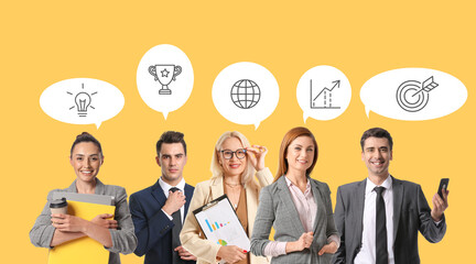 Group of business people on yellow background. Concept of career
