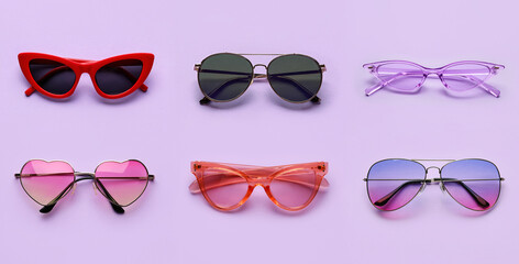 Set of different stylish sunglasses on lilac background