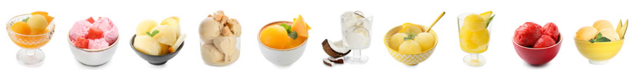 Set of different ice-cream in bowls isolated on white