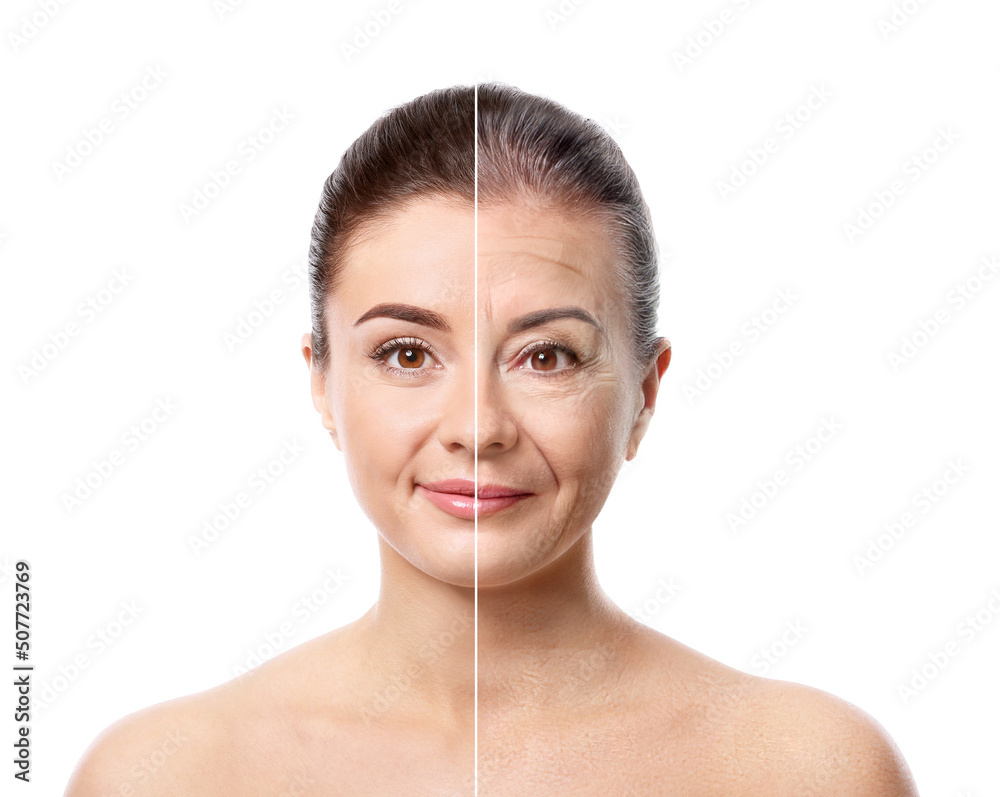 Wall mural beautiful young woman with silky skin after spa treatment on white background