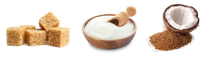 Set of different sugar on white background