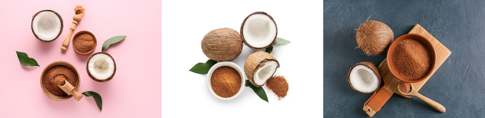 Set of healthy coconut sugar, top view