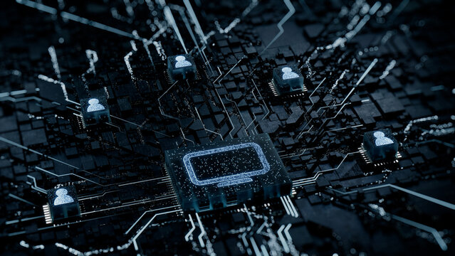 Display Technology Concept with Monitor symbol on a Microchip. White Neon Data flows between Users and the CPU across a Futuristic Motherboard. 3D render.