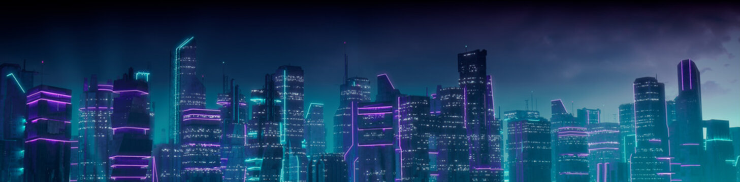 Sci-fi City Skyline with Purple and Cyan Neon lights. Night scene with Futuristic Architecture.