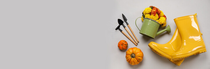 Set of gardening tools, flowers and pumpkins on light background with space for text, top view © Pixel-Shot