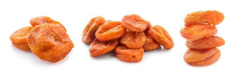 Set of tasty dried apricots isolated on white