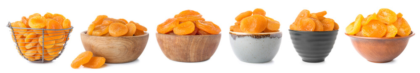 Bowls with tasty dried apricots on white background