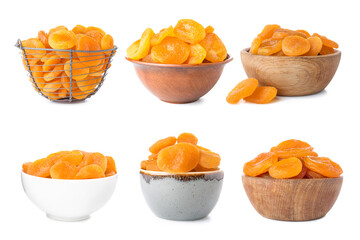 Set of bowls with tasty dried apricots isolated on white