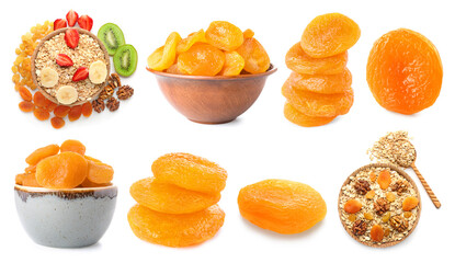 Set of tasty dried apricots and oatmeal isolated on white