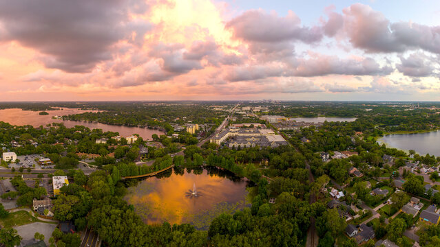 Aerial Panoramic view of Maitland, Florida during sunset. May 29, 2022