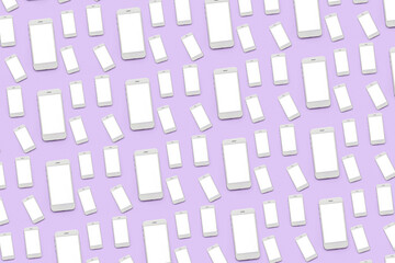 Fototapeta na wymiar Many smartphones with blank screens on lilac background. Pattern for design