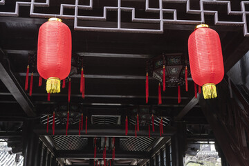 Lanterns hanging on the traditiaonal gate and gallery in kyushu