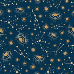 Vector Celestial magic stars seamless repeat pattern design background. Good use for fabrics, wrapping paper, home decor, wallpaper, etc.