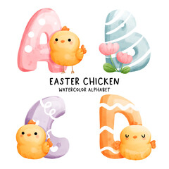 Easter chicken, watercolor alphabet. Vector illustration