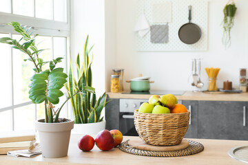 Wicker basket with fresh fruits and houseplant on counter in light kitchen