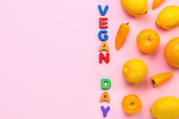 Text VEGAN DAY and different fresh products on color background
