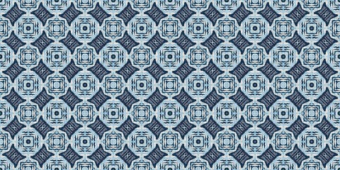 Indigo blue red batik geo nautical seamless border pattern. Modern marin geometric kaleidoscope banner. Nantucket fabric textile style. Summer rustic masculine worn linen effect edging trim tape 