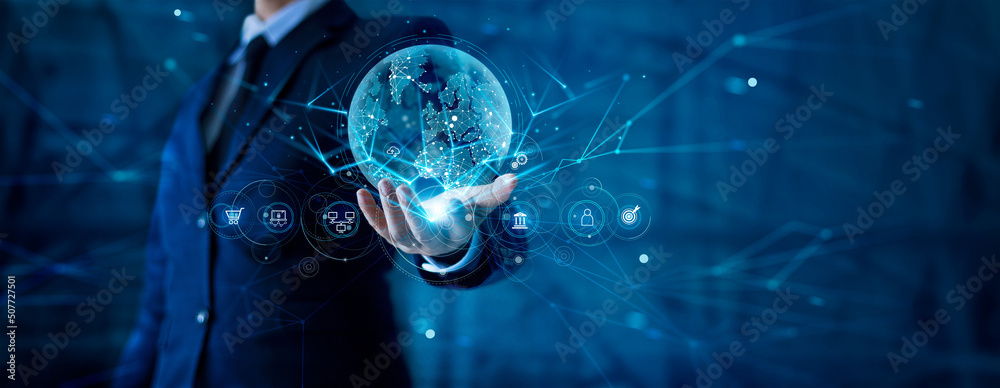 Poster businessman holding a global network connection on investor and customer with sale data exchange and