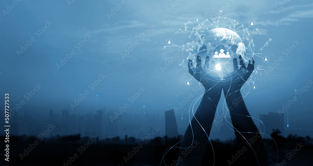 Poster businessman hold earth and global customer networking connection, analysis and data exchanges, socia