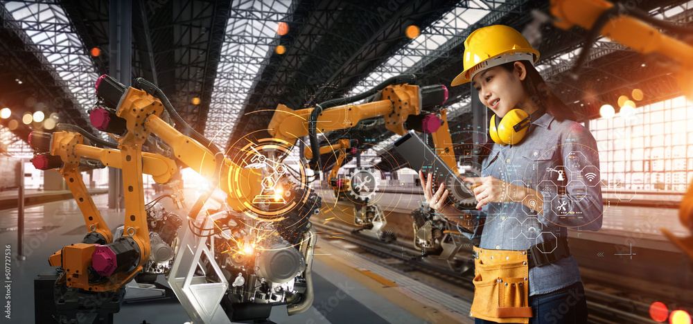 Poster women engineer check and control welding robotic automatic arms machine in intelligent factory autom
