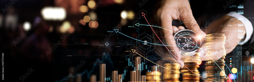 Poster businessman holding a navigation compass in hand and define investment direction and analysis growth