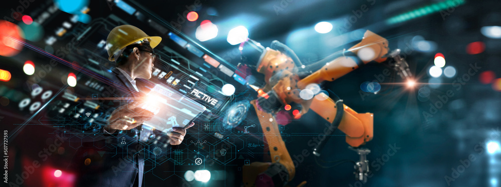 Poster Technician manager, Industrial engineer control robotics on monitoring system software and icon industry network connection on tablet. AI. Automation robot arm machine in smart factory. Industry 4.0