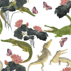 Watercolor painting seamless pattern with chineese lotus flowers and crocodiles, butterfly