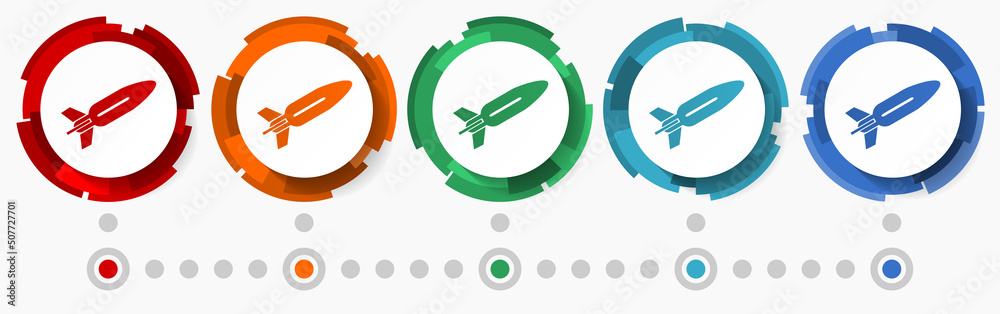 Poster Missle, war concept vector icon set, modern design abstract web buttons in 5 color options, infographic template for webdesign and mobile apps