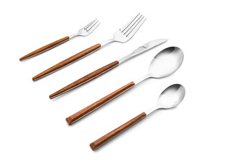 Set of stainless steel cutlery with wooden handle on white background