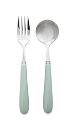 Stainless steel spoon and fork with grey handle on white background