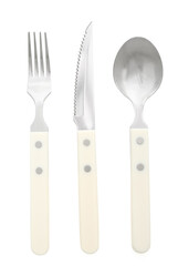 Set of stainless steel cutlery with plastic handle on white background