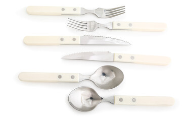 Set of stainless steel cutlery with plastic handle on white background