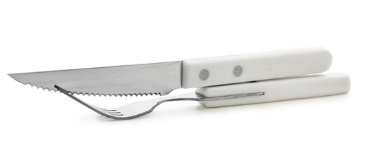 Stainless steel fork and knife with plastic handle on white background