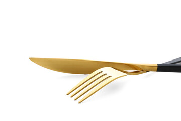 Stainless steel fork and knife with black handle on white background, closeup