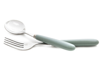 Stainless steel spoon and fork with green handle on white background