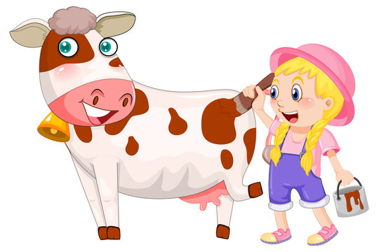 A girl painting on cow cartoon character