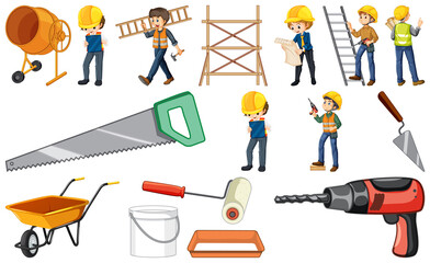 Construction worker set with people at work