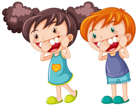 Cute kids cartoon character flossing teeth
