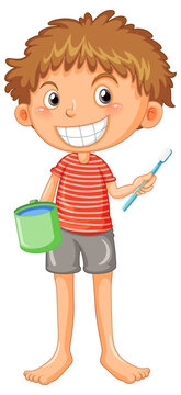Boy smiling after brushing teeth holding cup and toothbrush