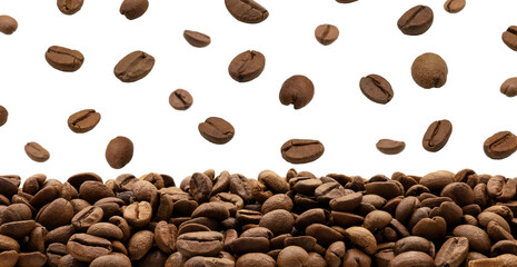 coffee beans falling on the heap isolated on a white background