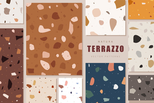 Set of terrazzo seamless patterns. Granite stone texture. Abstract backgrounds for interior design, wallpaper, stoneware, wrapper paper. Vintage vector illustration.