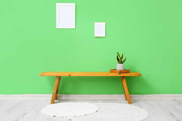Wooden bench with houseplant and blank frames hanging on green wall