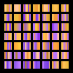 Metalic gradient collection with shiny rainbow hologram. Holographic foil texture, green, blue, yellow, pink gradation. Vector set for frame, ribbon, border, other design